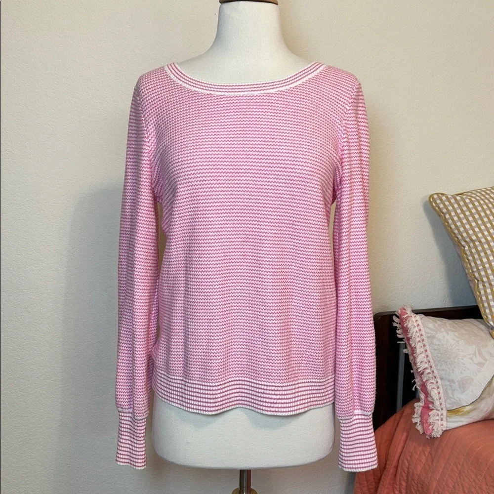 Talbots BISHOP SLEEVE STRIPE JACQUARD PULLOVER Pink and White size Small